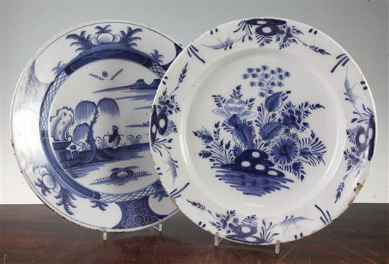 An English delft blue and white charger and a Dutch delft charger, mid 18th century, diam. 35cm